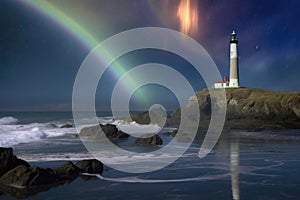 moonbow over a coastal scene with lighthouse and crashing waves