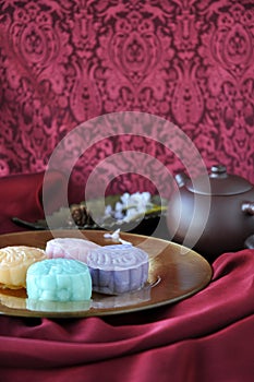 Mooncake Plate on Red Satin Background