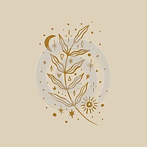 Moonchild twig. Modern forest witch concept. Witchcraft culture. Harmony and zen. Crescent moon magic symbols. Vector illustration