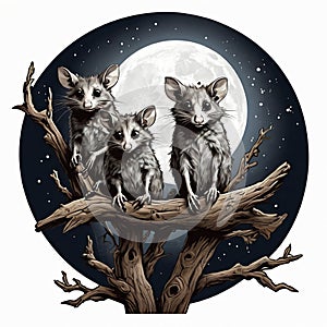 Moonless Mischief Three Possums\' Enigmatic Escapade on a Dead Tree Branch