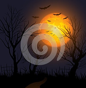 Moonlight autumn background with creepy trees