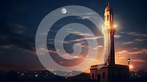 Moonlight casting a soft glow on a mosque\'s minaret during Tarawih prayers photo