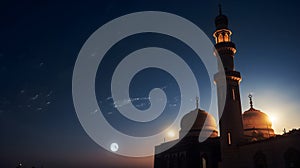 Moonlight casting a soft glow on a mosque\'s minaret during Tarawih prayers photo