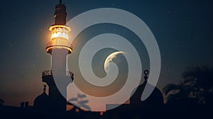Moonlight casting a soft glow on a mosque\'s minaret during Tarawih prayers photo