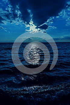 Moonlight in clouds over dark water