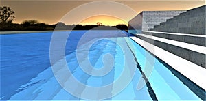 Moonlight falling on the concrete steps visible under clear water of the swimming pool at night. 3d rendering