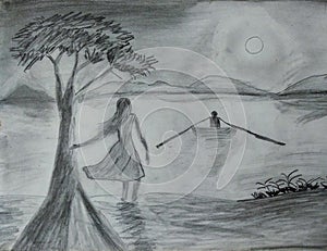 Moonlight landscape with a girl and boatman