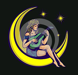 Moonlight serenade cute girl playing lullaby on guitar sitting on the moon vector illustration