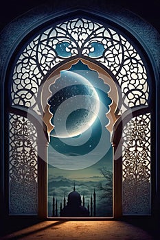 Moonlight shines through window into islamic mosque. Created with generative artificial intelligence technology. photo