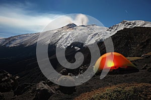 Moonlight Winter Camp On Etna Park, Sicily