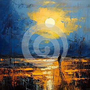 Moonlit Beach: A Classicism Painting With Golden Palette And Intense Color Fields