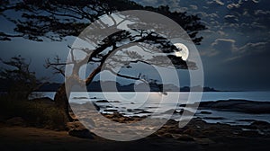 Moonlit Beach: A Romantic Tree By The Moonlight