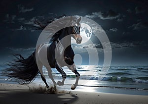 Moonlit Canter: Beautiful Black Horse Galloping on Beach under Full Moon