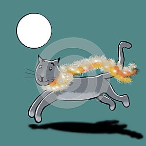 Moonlit cat with tinsel