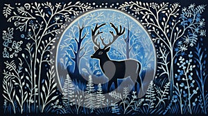 Moonlit Deer In Jane Newland Style: Dark Blue And Bronze Forest Wildlife Mural