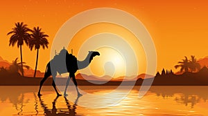Moonlit desert captivating banner of camels in serene and beautiful arid landscape