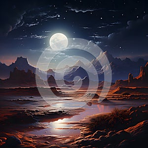 moonlit desert landscape with a mystical oasis