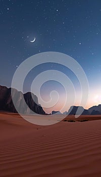 Moonlit desert oasis serene sandy dunes under crescent moon and stars, with mystical ramada vibe.