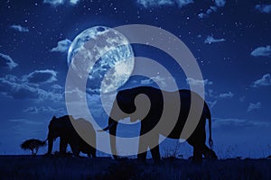 Moonlit Elephants Grazing Under Starry Sky. Generative AI