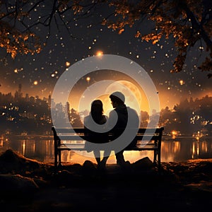 Moonlit embrace, Couple on bench, falling star, rear view illustrated nights romantic tale