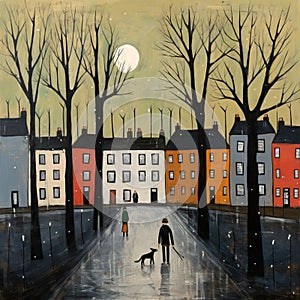 Moonlit Encounter: A Modernist Street Scene With Two Dogs