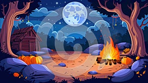 Moonlit harvest fields with barn, stars, and bonfire in rustic autumn night scene.