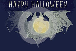 Moonlit haunted forest panorama cut out with a bat silhouette. Grunge texture effect. Spooky Halloween Greeting card.