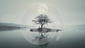 Moonlit Isolated Tree On Lake In Finland: An Ethereal Illustration