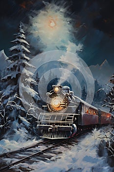 Moonlit Journey through a Snowy Forest: A Train\'s Glimpse of Nat