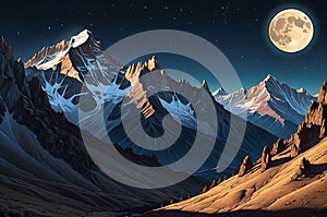 Moonlit Majesty: Mountain Range Bathed in the Glow of a Full Moon Night Sky