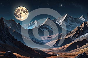 Moonlit Majesty: Mountain Range Bathed in the Glow of a Full Moon Night Sky