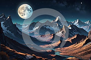 Moonlit Majesty: Mountain Range Bathed in the Glow of a Full Moon Night Sky