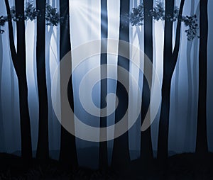 Moonlit Misty Fantasy Illustration, with rays of light through sillhouetted trees