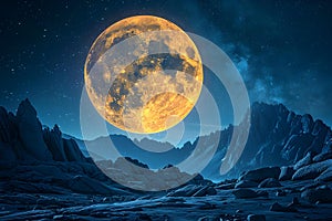 Moonlit Mountain Majesty: A Serene Night Sky. Concept Starry Night Landscape, Mountain Silhouettes,