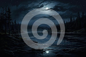 Moonlit Night landscape lake. Generate Ai photo
