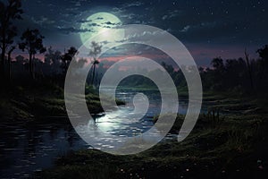 Moonlit Night landscape river. Generate Ai