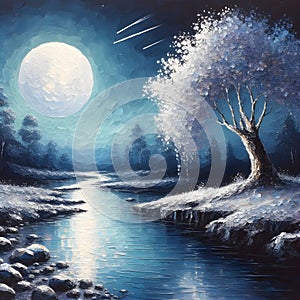 A moonlit night beside a river with a tree