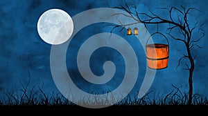 Moonlit night scene with a tree lanterns and a hanging bucket against a blue background