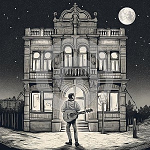 Moonlit Serenade: Street Musician Plays Guitar by Historic Building