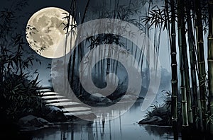 Moonlit Serenity, Bamboo Forest\'s Ethereal Night Landscape. photo