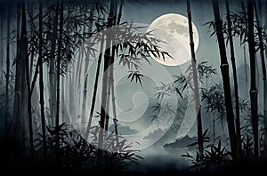 Moonlit Serenity, Bamboo Forest\'s Ethereal Night Landscape. photo