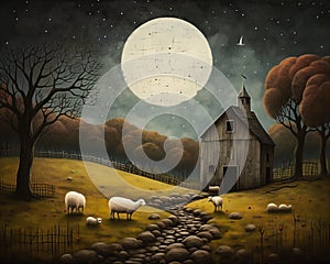 Moonlit Serenity: A Rustic Vignette of a Church and Sheep in a P