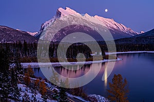 Moonlit sky over Mount Rundle with the Vermilion Lakes in the foreground in the Banff National Park, Alberta, Canada