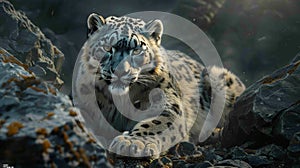 Moonlit snow leopard portrait blending with rocky terrain in photorealistic style