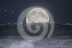 Moonlit stormy sea wave