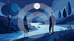 A moonlit stroll along the riverbank turns into a profound discussion between two people with only the sound of the