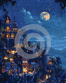 Moonlit suburb scene in steampunk style, cobalt clockwork and pixel art creatures from mythology around an oasis