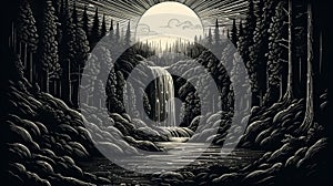 Moonlit Waterfall Hyper-detailed Illustration Of A Serene Woods