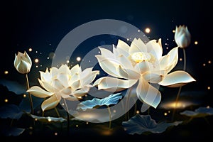 Moonlit white lotus flower glowing brilliantly over serene dark blue water background