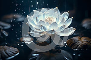 Moonlit white lotus flower glowing on serene dark blue water background at night